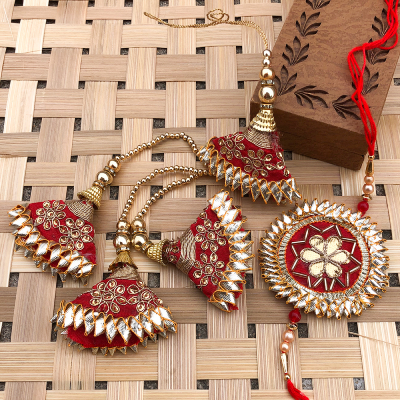 Beautiful Designer Golden Red Lumba Rakhi set for bhabhi