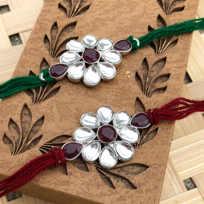 Rakhi set of 2 Beautiful Crystal Pearl floral Rakhi set