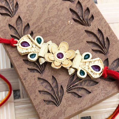 Wooden finish Beautiful floral Designer Rakhi set for bhaiyaa