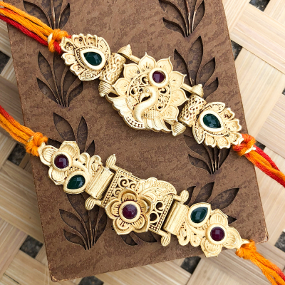 Eye Catchy wooden finished floral and Peacock Design Rakhi set