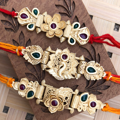 Rakhi Set of 3- with Beautiful wooden finished Rakhi for brother