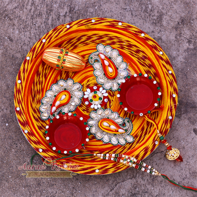 Handicraft Mouli Work Rakhi Pooja Thali AD Rakhi Pair