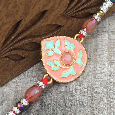 Pink Stone Floral Work Beads Rakhi for Brothers