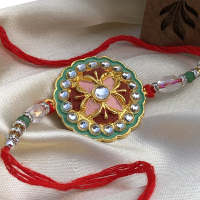 CZ Stones Rakhi with Golden & SIlver Beads