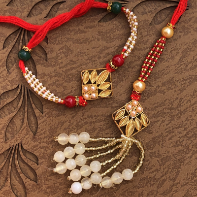 Glowing Gold Plated Bracelet Bhaiya Bhabhi Rakhi Set