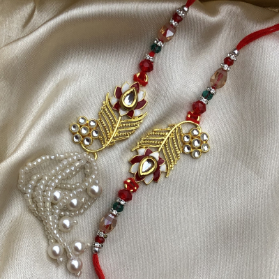 Wonderful Red Stone Gold Designer Bhaiya Bhabhi Rakhi Set