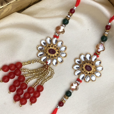 Rare Kundan Stone & Beads Bhaiya Bhabhi Lumba Rakhi