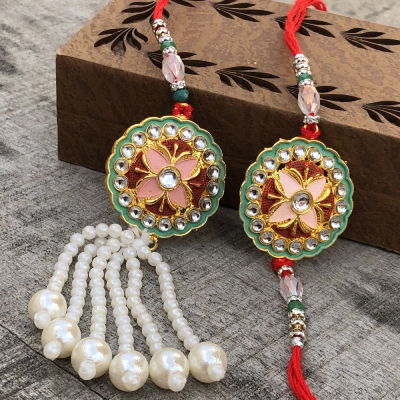 Precious Multicolor Gold Work Bhaiya Bhabhi Rakhi Set