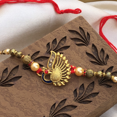 Rare Golden Peacock & Stone Beads Rakhi Set