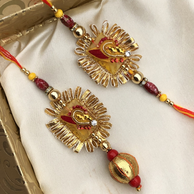 Creative Golden Gota Work Bhaiya Bhabhi Lumba Rakhi