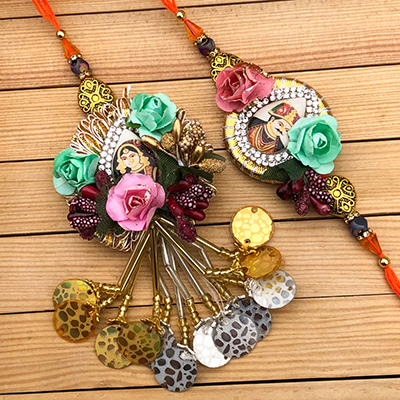 Floral Print Artful Diamond Bhaiya Bhabhi Rakhi Set