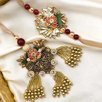Handcrafted Green & Golden Bhaiya Bhabhi Rakhi Set