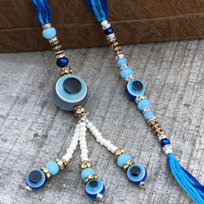 White Beads Evil Eye Bhaiya Bhabhi Blue Rakhi Set