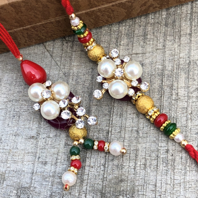 Zardoshi Pearl & Diamond Red Bhaiya Bhabhi Rakhi Set