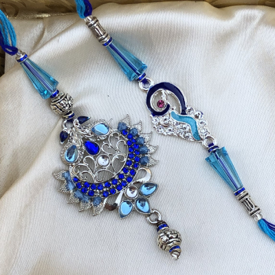 Rare Blue Glass & Stone Designer Bhaiya Bhabhi Rakhi