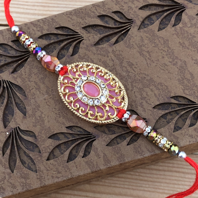 Semi Precious Pink Stone & Gold Work Raksha Bandhan Rakhi for Brother