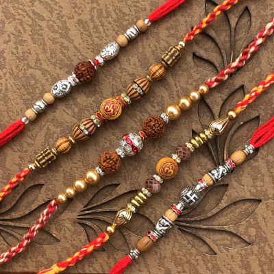 Magnificient Rudraksh & Stone Rakhi Set of 5 Combo