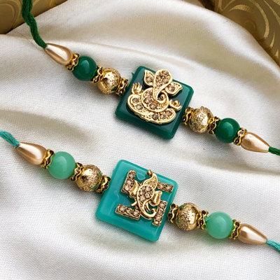 Celestial Design Green Stone Bracelet Rakhi for Brothers