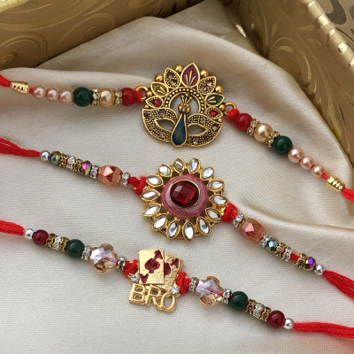 Glittering Gold Work Rakhi Set of 3 for Raksha Bandhan