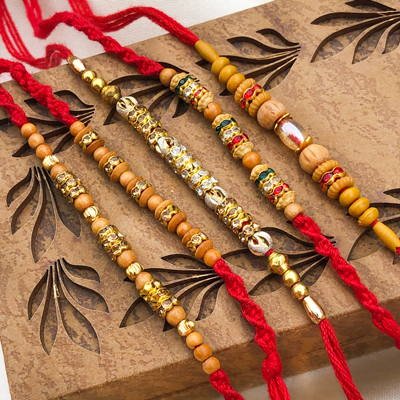 Classy Wooden Beads & Rings 5 Rakhi Combo