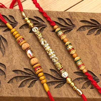 Delightful Gold & Wooden Beads 3 Rakhi Combo