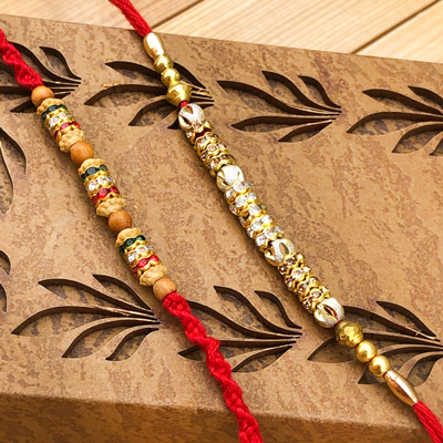 Handcrafted Diamond & Gold Work Beads Rakhi Combo of 2