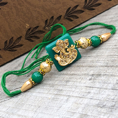 Precious Green Stone Ganpati Rakhi Set for Bhaiya