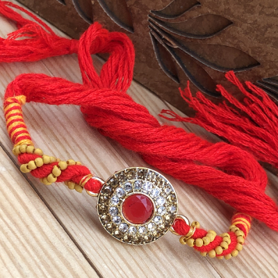 Rare Red Stone & Diamond Studded Rakhi Combo for Bhai