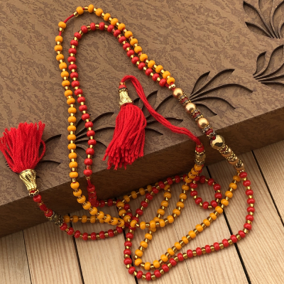 Ravishing Yellow & Red Beads Long Rakhi for Brother