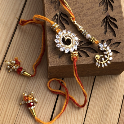 Handcrafted Ad Gold Lumba Rakhi Set for Bhaiya Bhabhi