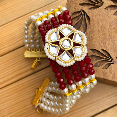 Blissful Red and White Beads Bracelet Brother Rakhi for Rakshabhandan