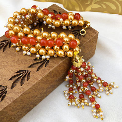 Beautiful Ethnic Red-Gold Beads with Latkan Bracelet Rakhi for Bhabhi