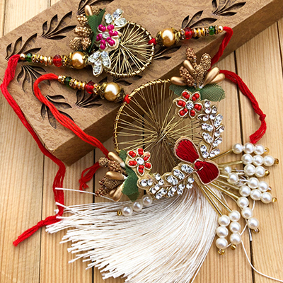 Latest Bhaiya Bhabhi Gotta Look with Unique Floral Design Rakhi Set