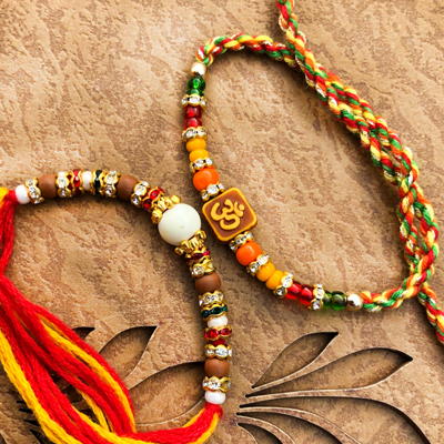 Spiritual Om & Stunning Bead Rakhi Set for Brother Combo of 2