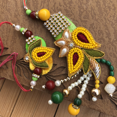 Crafted Zardosi Style with Beads Rakhi Set for Bhaiya Bhabhi