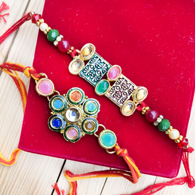 Ethnic Multi-Color Stone Designer Rakhi Set for Bhaiya