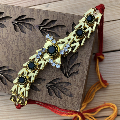 Stunning Golden Pearl Studded Design Rakhi for Brother