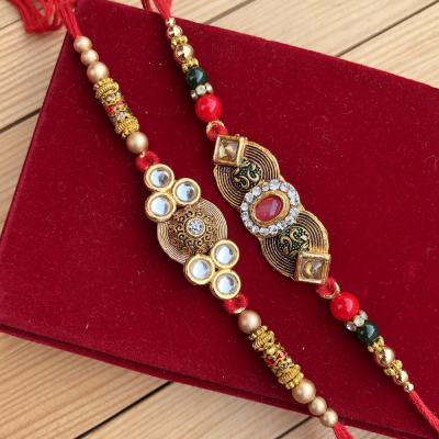 Set of 2 Extraordinary Royal Look Gold Plated Stone Work Rakhi for Brother