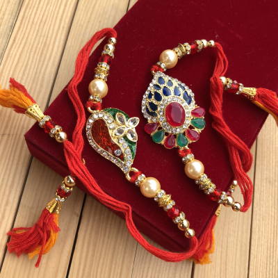 Colorful Kundan Design Stone Work Rakhi Set of 2 for Brother