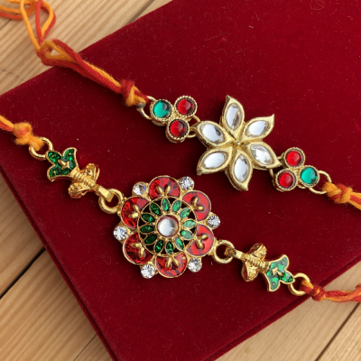 Sparkling Floral Pattern Kundan Work Rakhi Set of 2 for Bhaiya