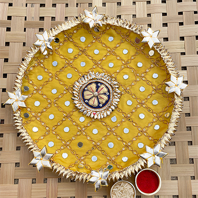 Stylish yellow base crystal work pooja thali design with Gota patti for Rakhi