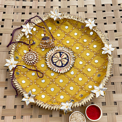 Precious Gota patti pooja thali with Kundan bhaiya- Bhabhi Rakhi combo