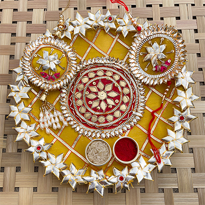 Designer Gota patti Rakhi with Pooja Thali combo for Raksha-Bandhan