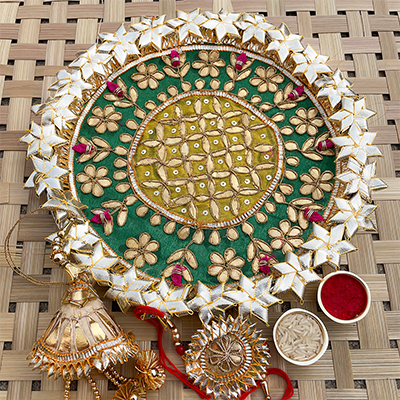 Festive look Gota patti Pooja thali with Designer bhaiya bhabhi Rakhi combo