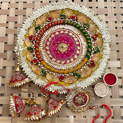 Glowing Red designer gota patti lumba rakhi & dora Rakhi combo with Puja Thali