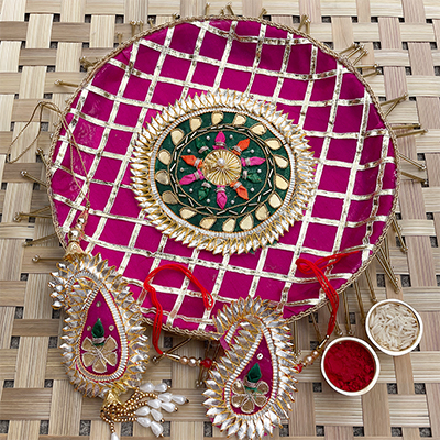 Booti design classic Gota patti bhaiya bhabhi Rakhi combo with Pooja Thali