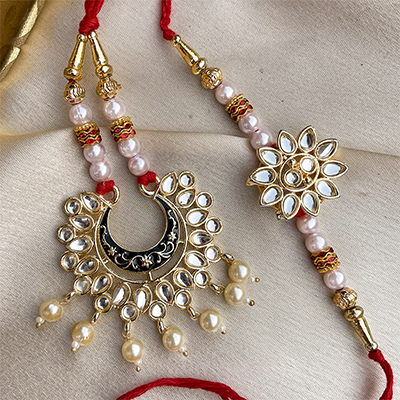 Moon shape floral design kundan and pearl base bhaiya bhabhi Rakhi combo