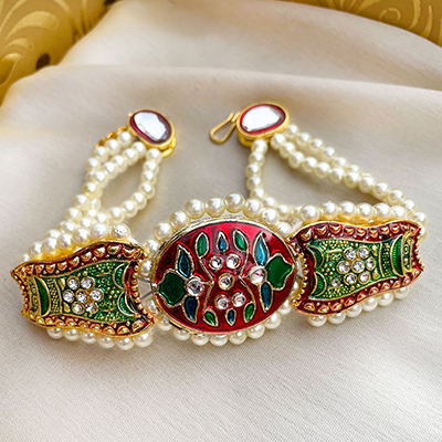 Rajasthani Meenakari design white beads chain bracelet Rakhi for Brother