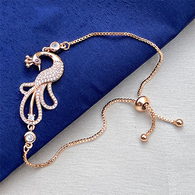 Authentic peacock design American diamond chain bracelet rakhi for bhabhi