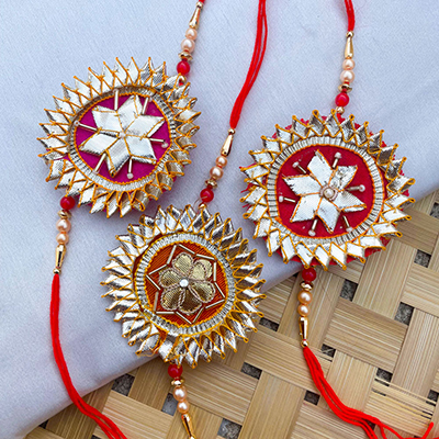 Excellence gota patti flower design fancy bhaiya bhabhi rakhi combo of 3